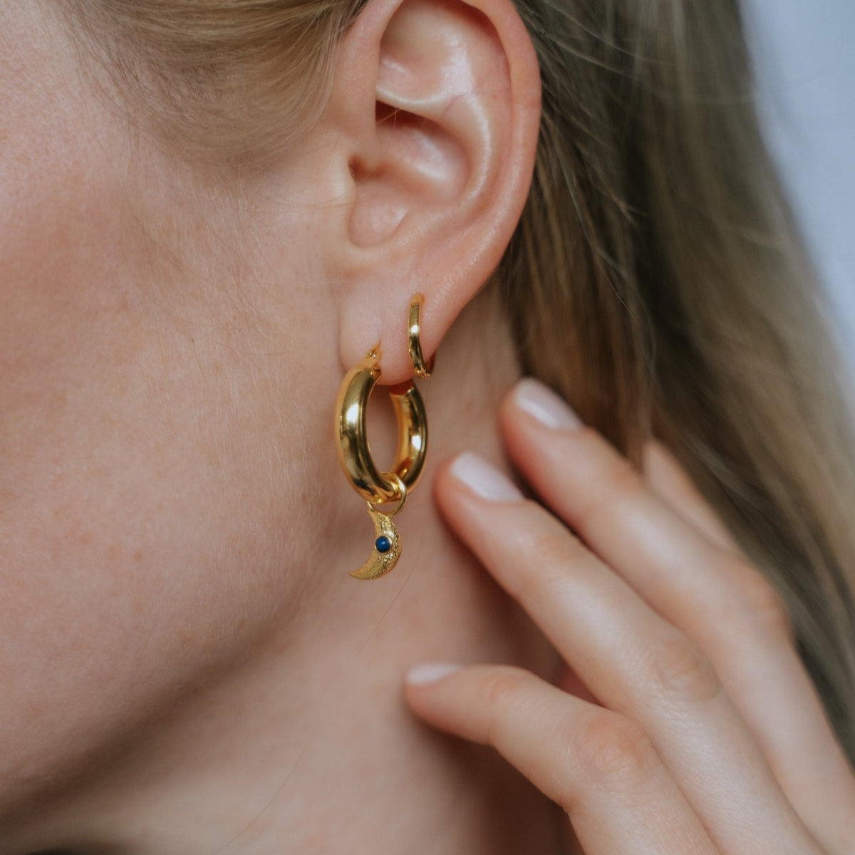 crescent moon charm gold hoop earrings