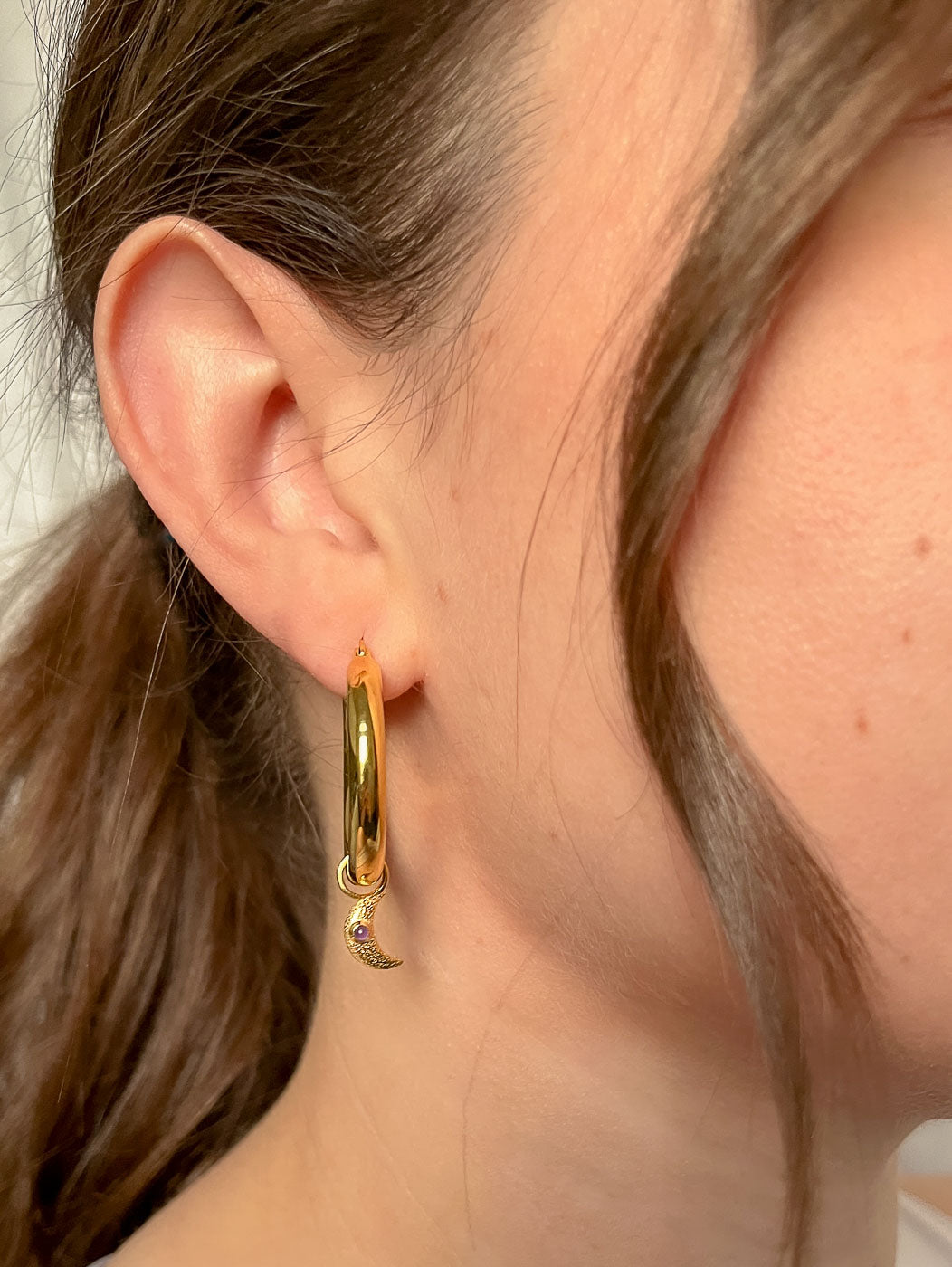 moon charm gold amethst hoop earrings